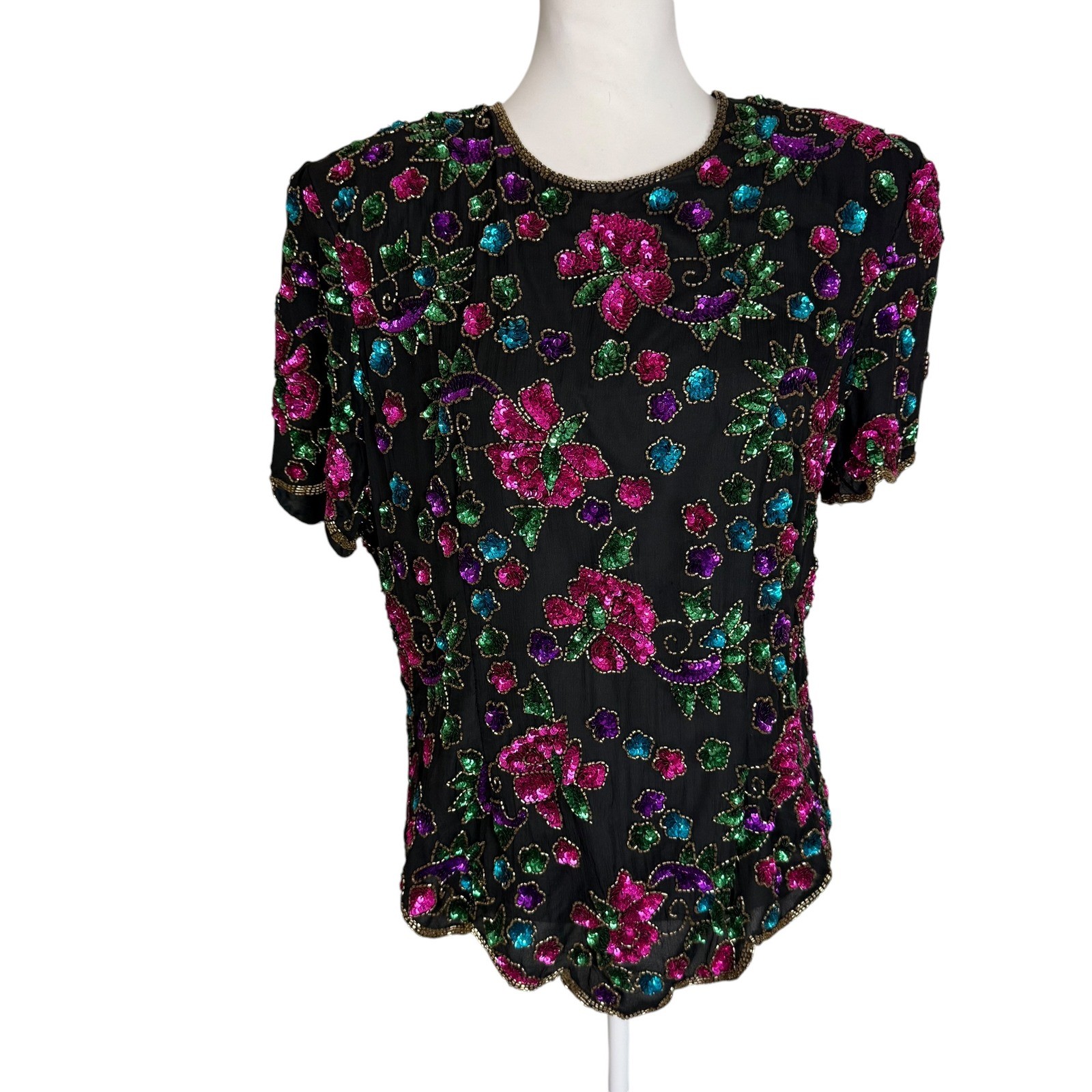 Stenay Vintage Silk Sequin Floral Beaded Evening Blouse Black XL Scalloped Hem