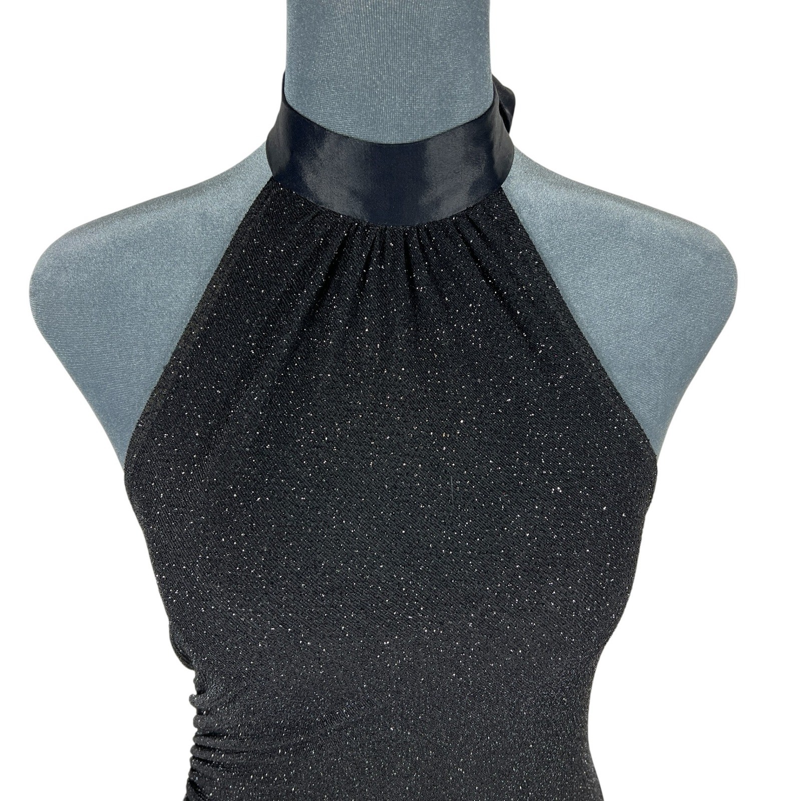 My Michelle Vintage Halter Dress Small Black Silver Glitter Ruched Y2K Fairy USA