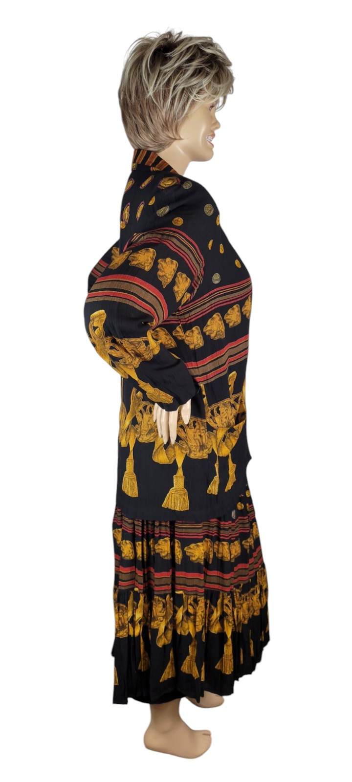 Vtg CL Carole Little Black Gold Tassel Etruscan Revival Gauze Skirt Top Set 8/10
