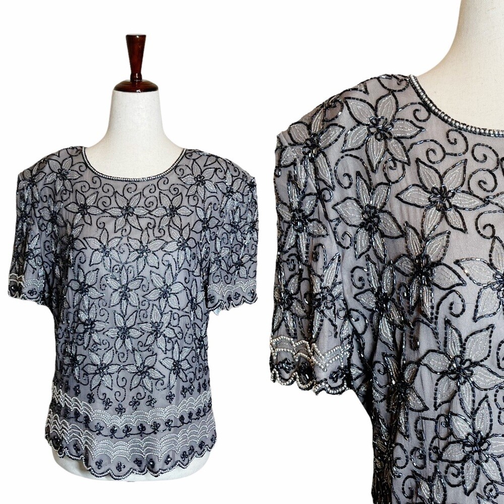 Vintage 80s Adriana Papell Evening Beaded Silk Top