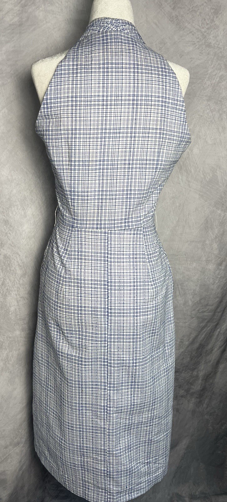 Vintage 1950s Forman & Gunner Blue White Plaid Swiss Dot Fitted Wiggle Dress M