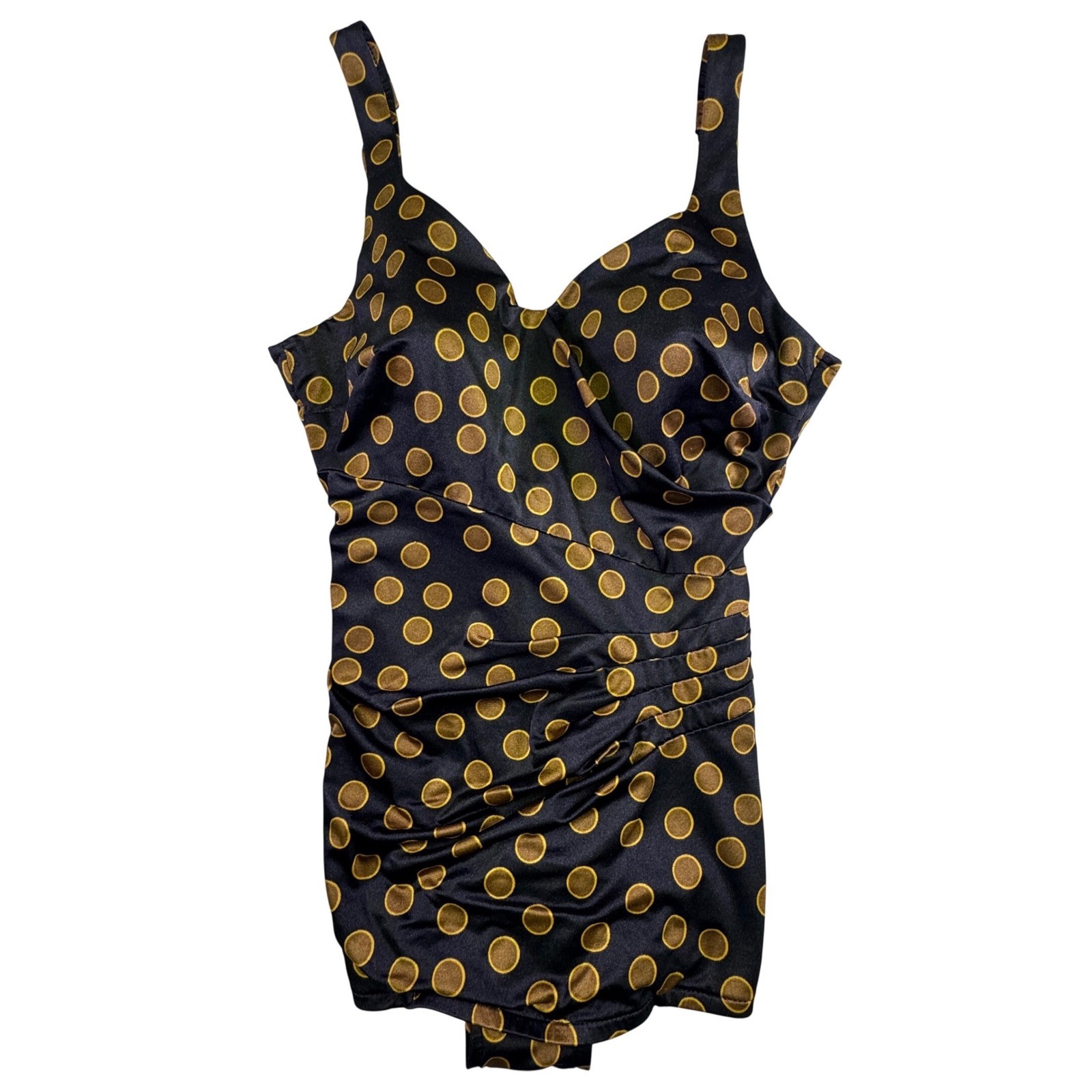 Maxine of Hollywood Vintage Swimsuit Black Gold Polka Dot Ruched One Piece USA
