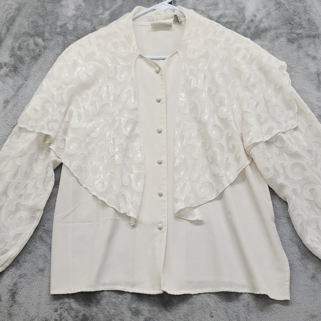 Vintage Ilyssa Maxx Chiffon Caped Button Front Blouse Size 16 Ivory Cottagecore