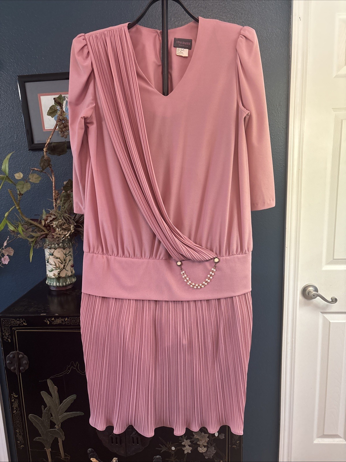 WOMENS VINTAGE SIZE 9-10 MAUVE PINK ROSE PLEATED 3/4 SLEEVE DROP WAIST DRESS