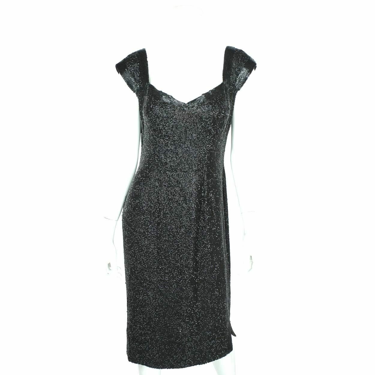 Vintage 50s Bombshell Dress Black Beaded Gown Town and Travelwear Waldorf Astori