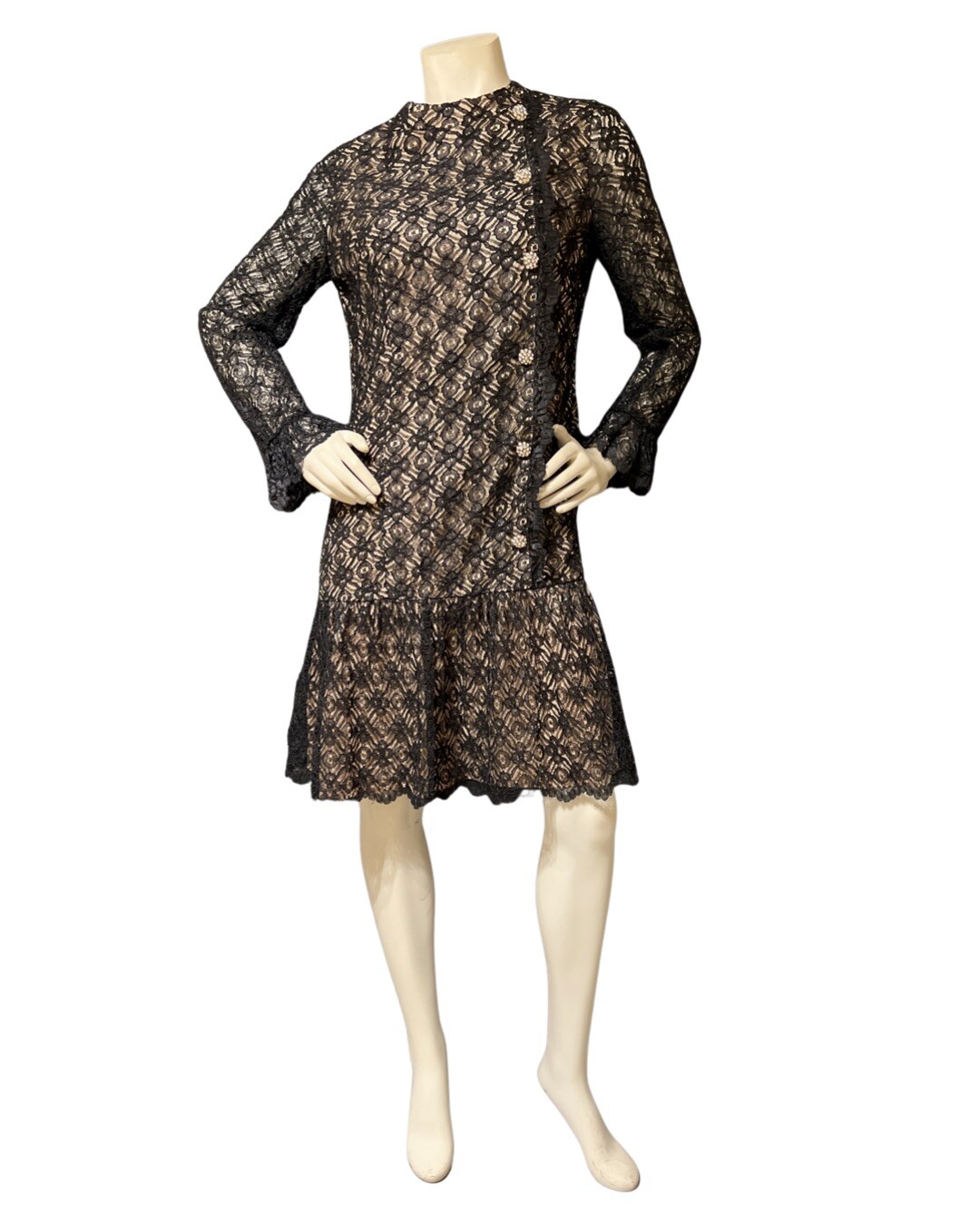 VTG 1950s „ELINOR GAY ORIG* Party Dress Black Lace Over Nude Lining Drop Waist