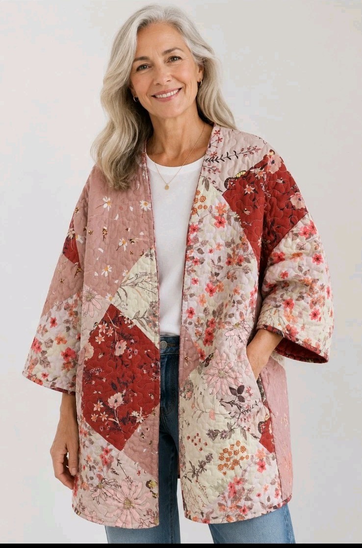 VTG Handmade Quilt Kimono Coat Jacket Floral Patchwork Print Cottagecore EUC