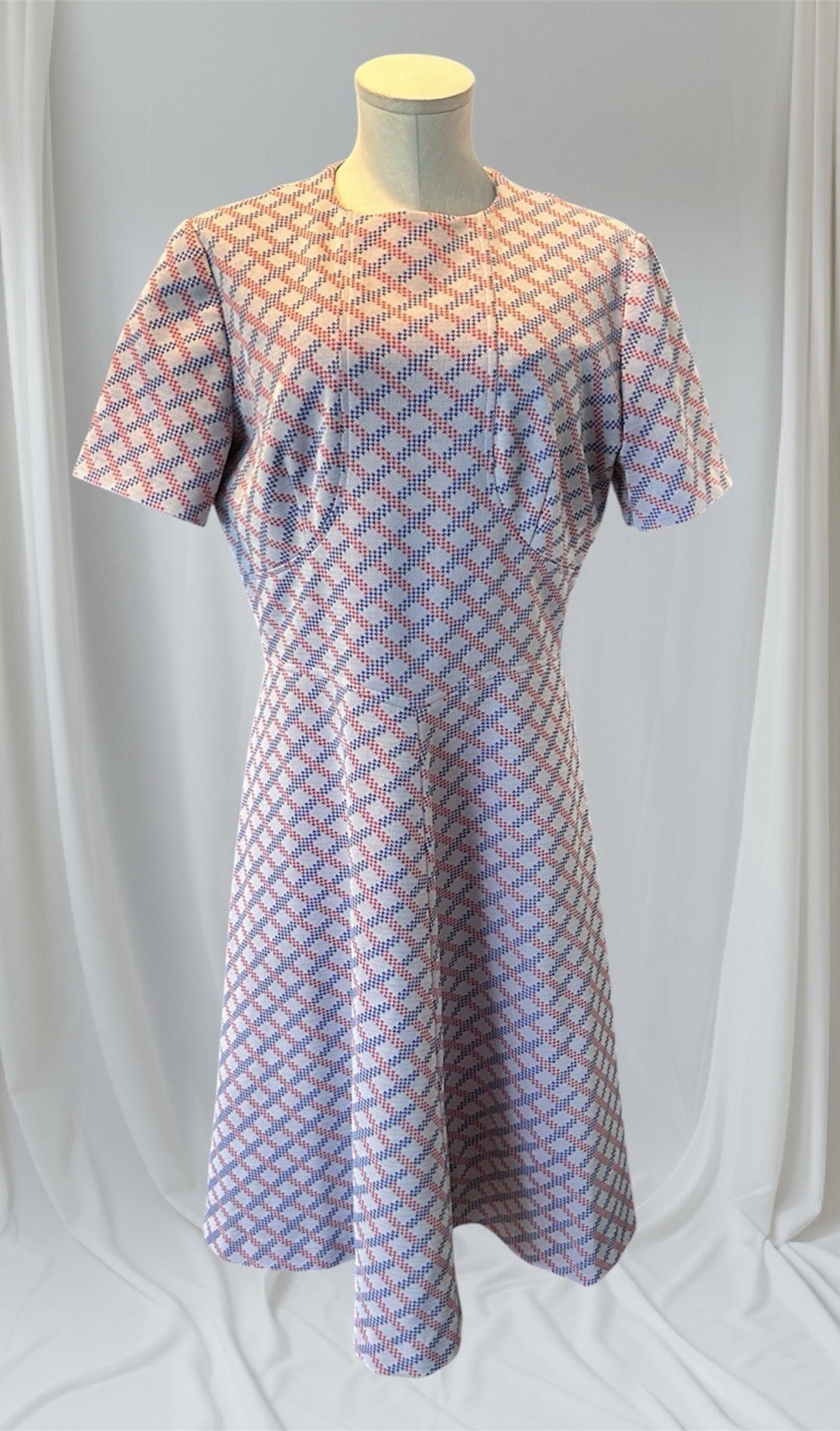 Mod Print Hand Made L Polyester Dress 1960’s Blue Red White Plaid Vtg