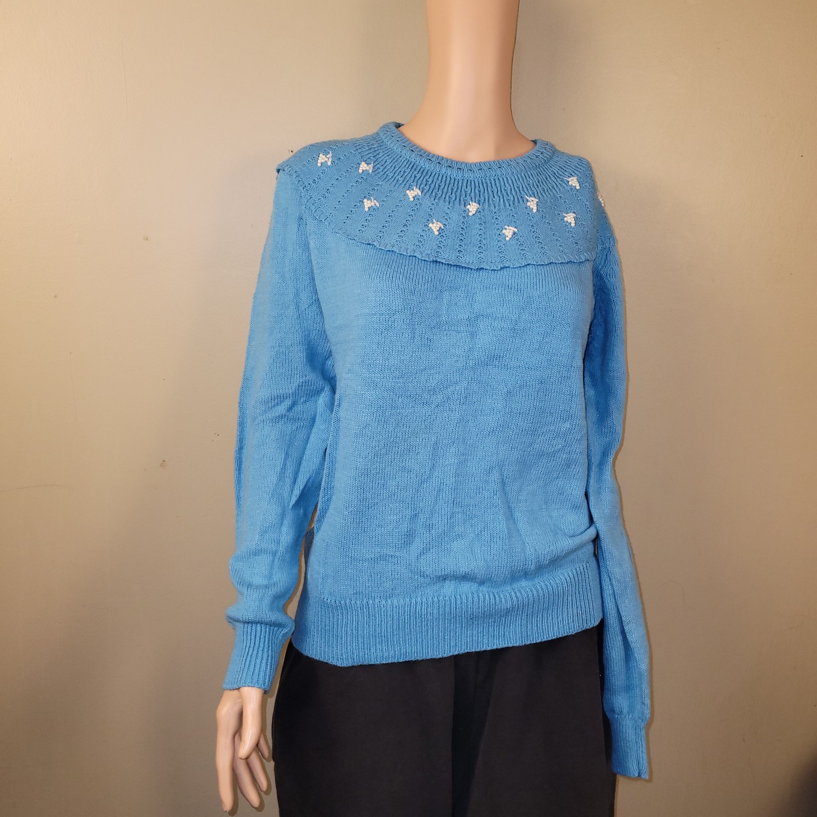 Vintage Beaded Knit Sweater L Bib Feminine Blue Cottage Jumper Granny Core