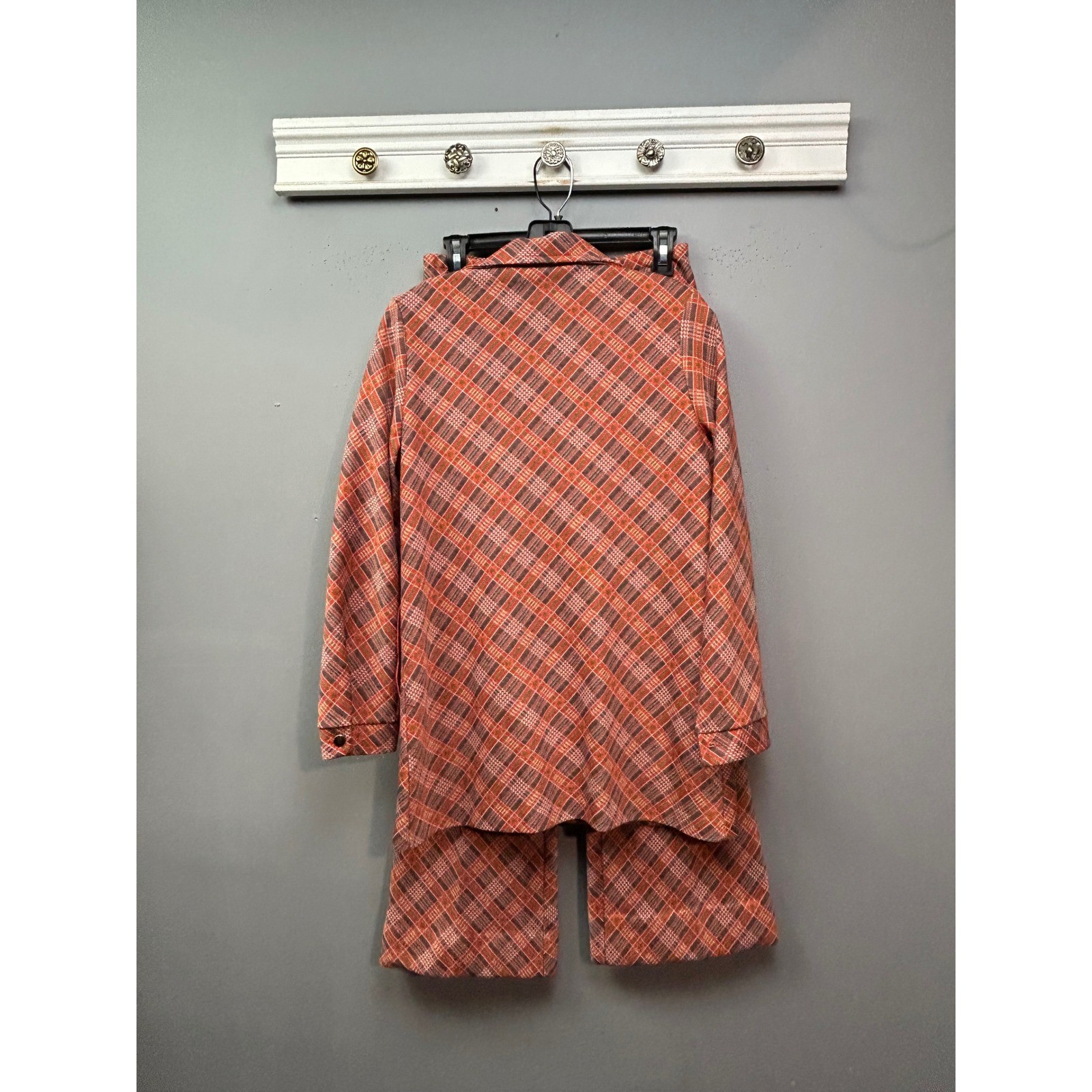 Vintage 70s Pant Suit Women S Orange Brown Plaid Knit Jacket Trousers Set Retro
