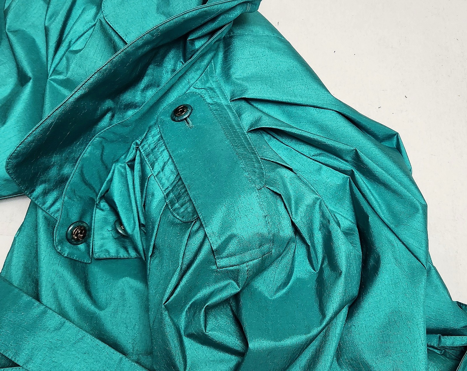 Vintage 80s British Mist Women’s Shiny Teal Rain/Trench Coat 9/10 Petite VG