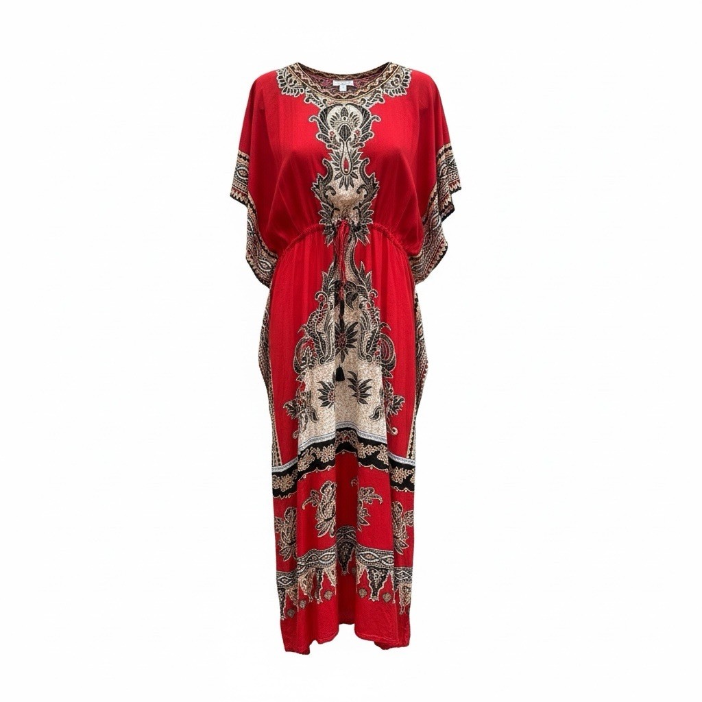 Vtg Indonesian Batik Print Kaftan Boho Tunic Dress Red Y2K Resort Festival OS