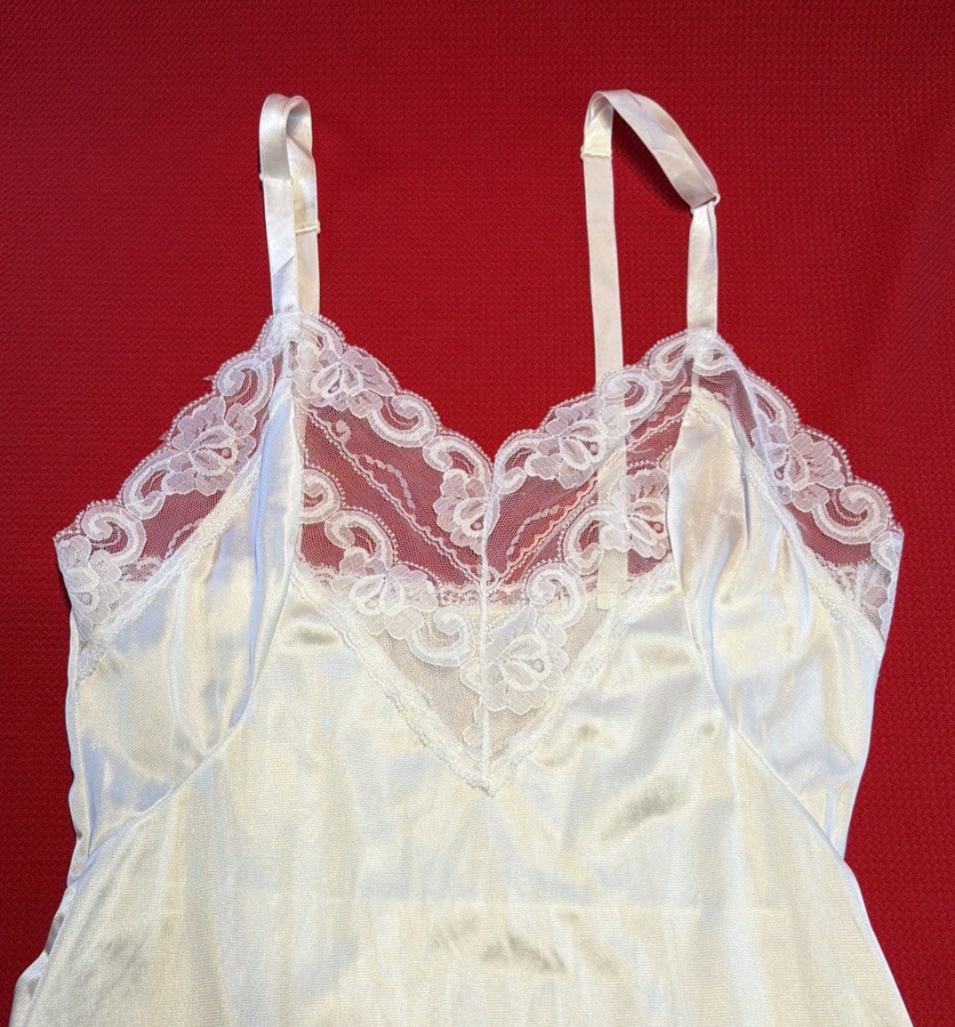 Vintage Greenco Maid White Nylon Tricot Full Slip Lace Trim Adjustable Size 34