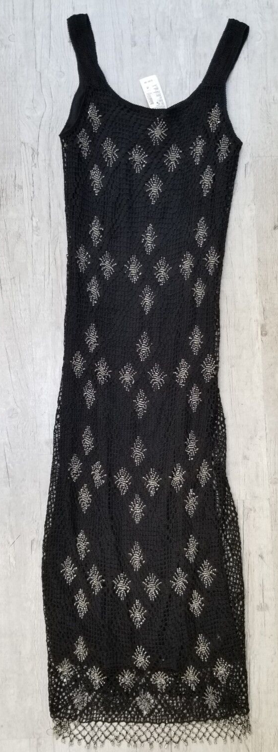 New with Tags KROSHETTA BY PAPILLON Black Crochet Beaded Maxi Dress – Size S/M