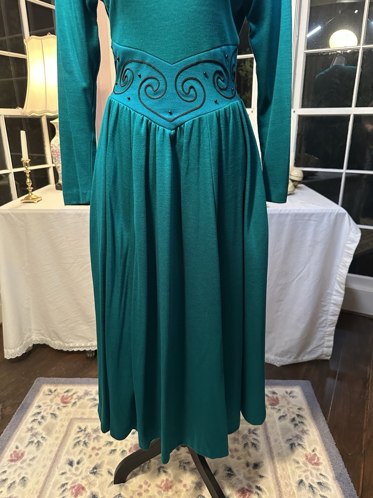 Vintage 80s Long Sleeve Green Dress Elegant Waist Pockets Fit To Flare Rodeo