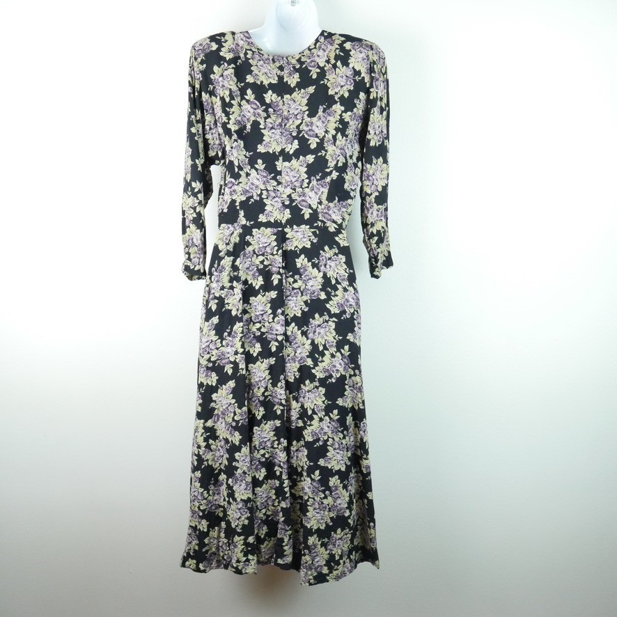 Vintage 90s Floral Midi Dress XS S Button Front Moody Floral Grunge Cottagecore