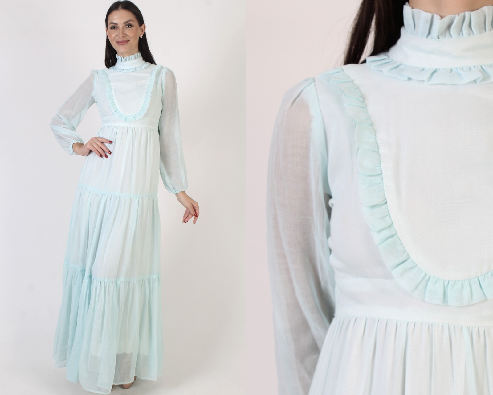 Vtg Tuxedo Ruffle Cottagecore Dress Long Tiered Boho Peasant Prairie Bridal Gown