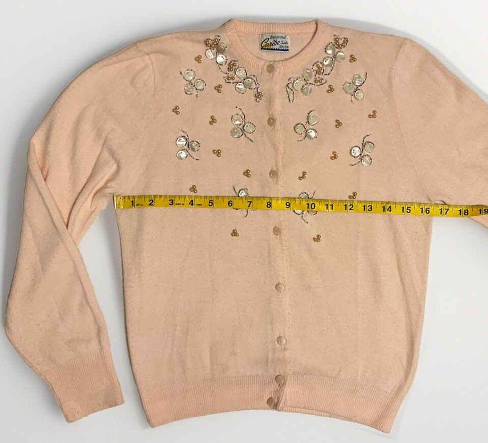 50s Vintage Caribe Turbo Orlon Beaded Sweater Lt Pink Pearls Women’s Small