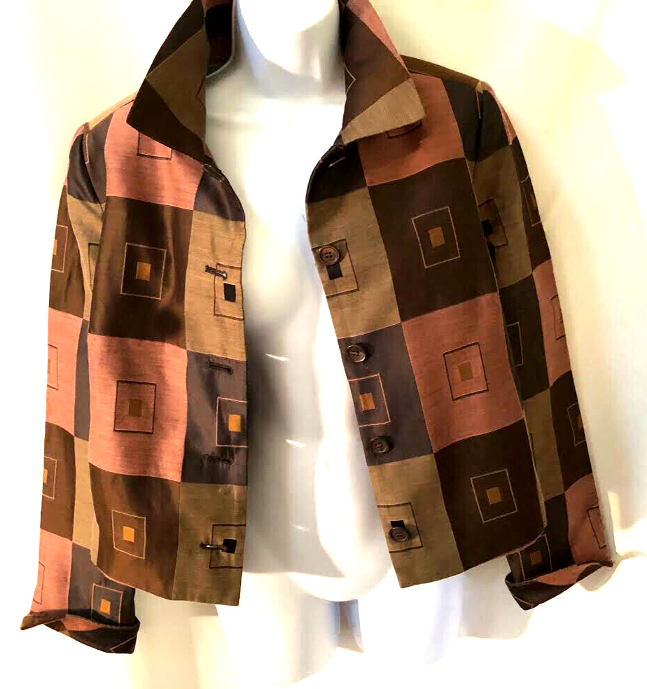 Vintage 80s Bill Blass New York brown tones geometric squares jacket sz 8 chic!
