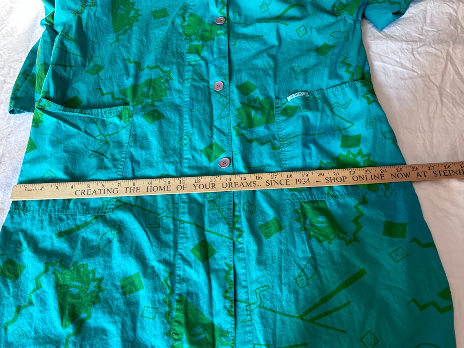 VTG MARACA TURQUOISE BLUE ABSTRACT GRAPHIC PRINT COTTON KAFTAN DRESS*ONE SIZE