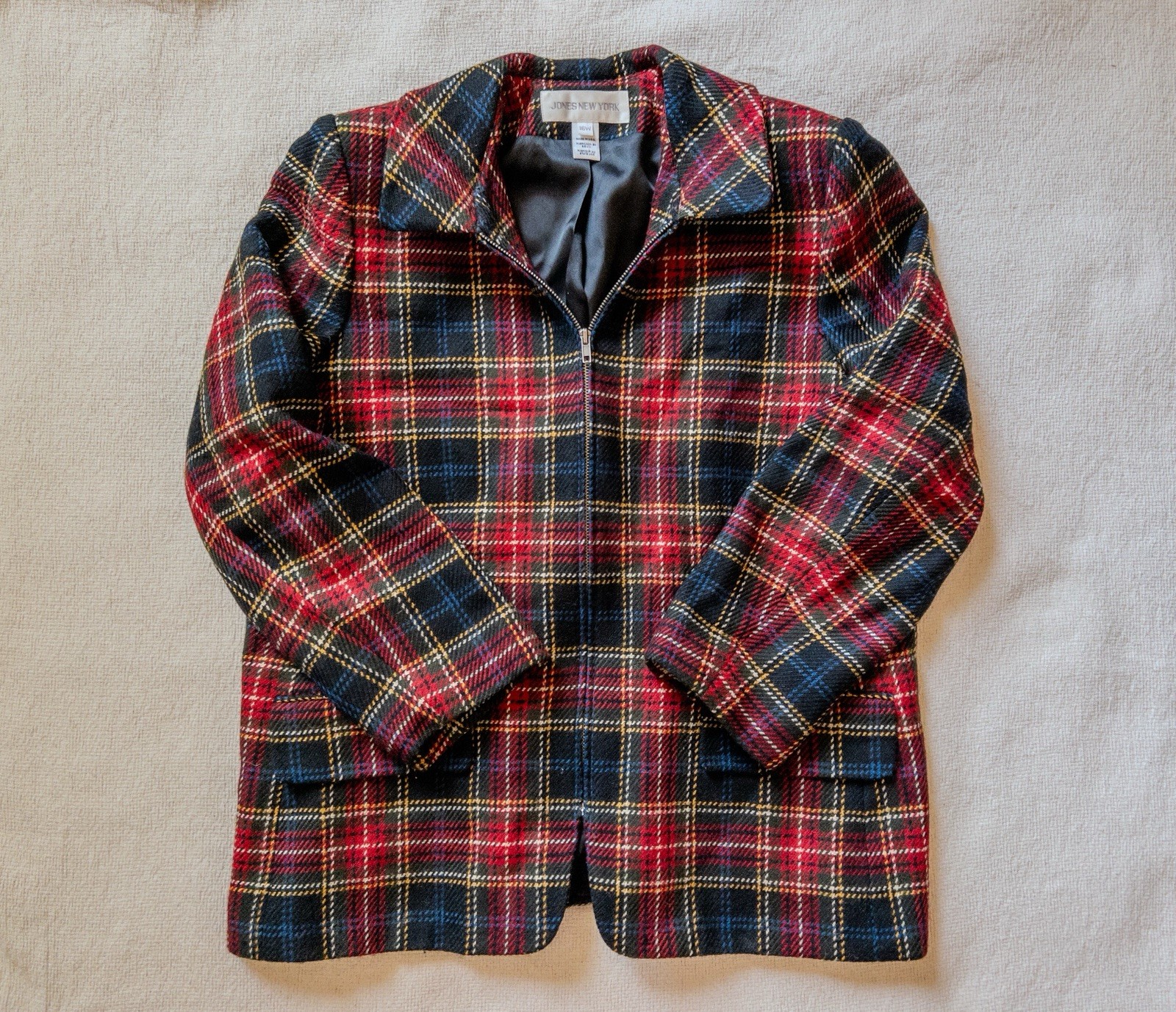 VTG Jones New York Wool Tartan Plaid Zip Blazer Jacket Red Plus Size 16W USA