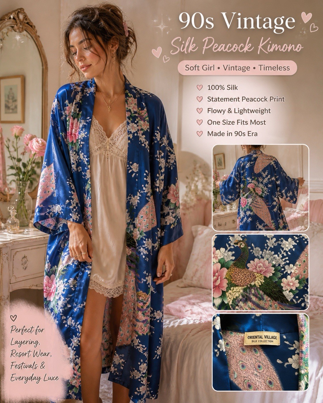 VTG 90s Silk Peacock Kimono Robe Blue Floral Statement Boho Lagenlook Luxe