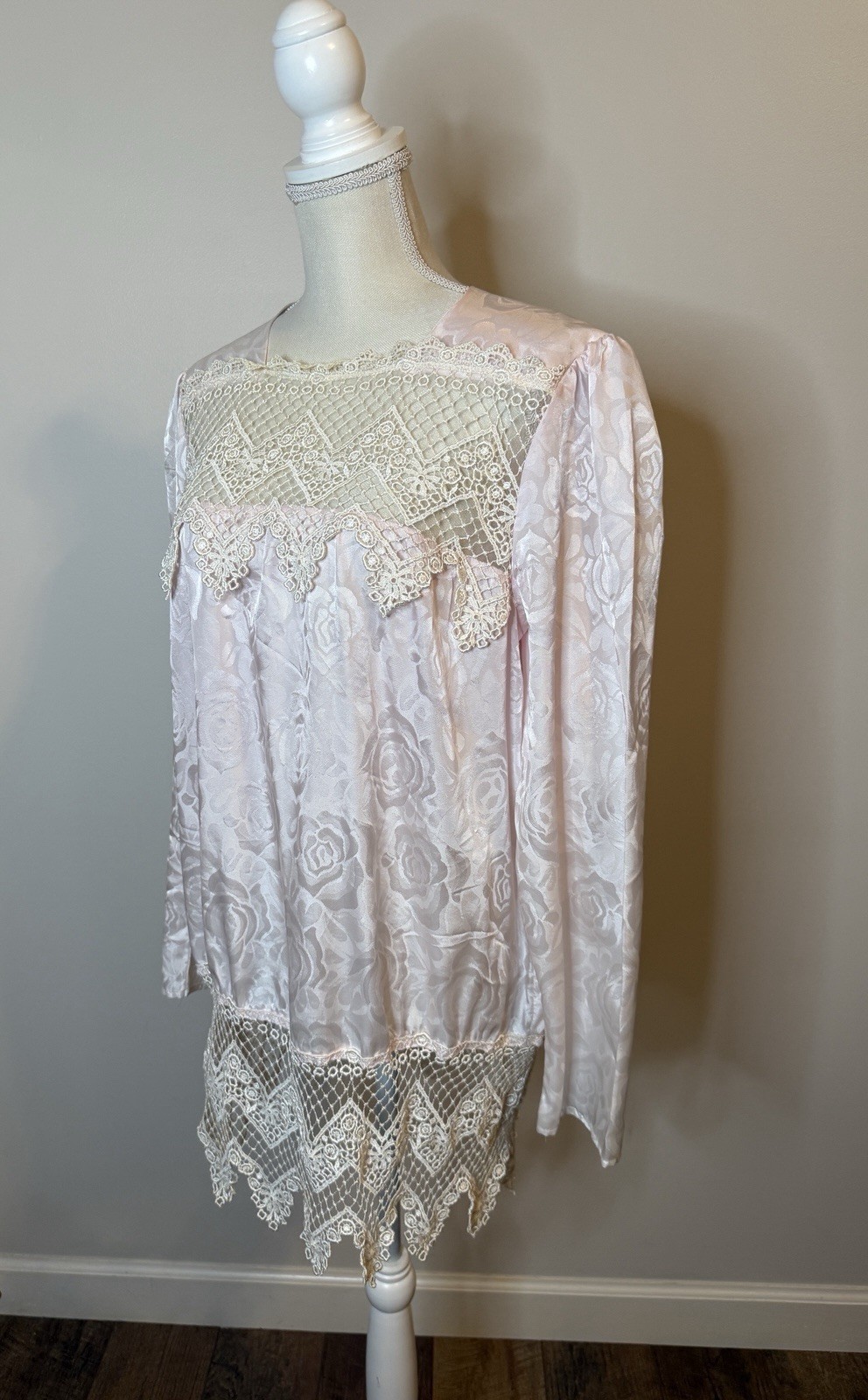 Vintage Satin Floral Pink Edwardian Lace Long Sleeve Blouse Sz 18 (XL)