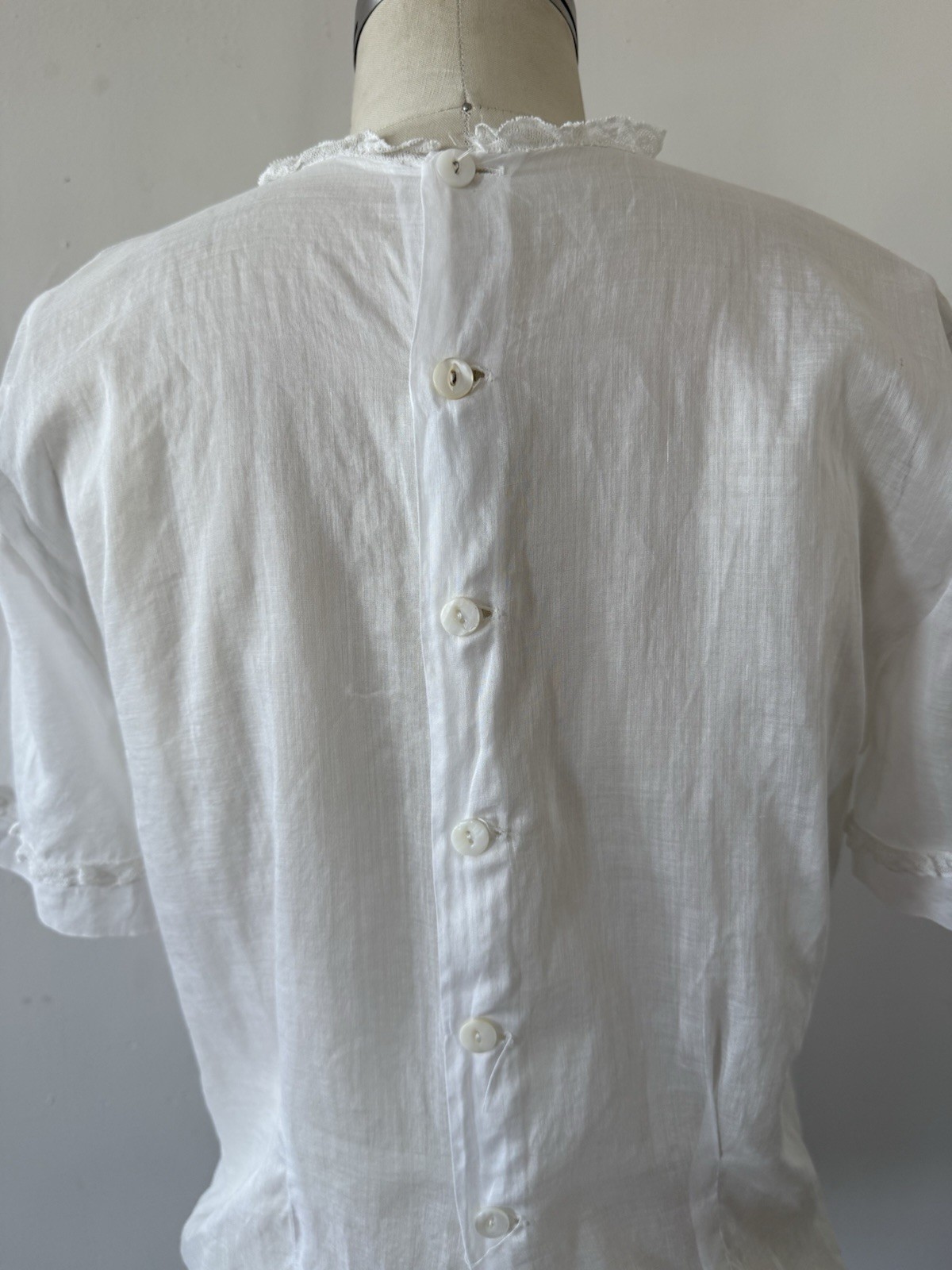 Antique Edwardian 1910s Sheer While Cotton Voile Blouse Embroidered Lace Panels