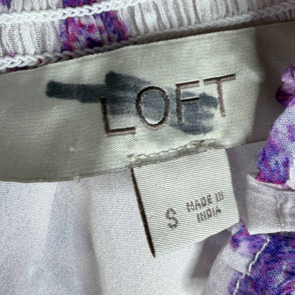 Loft Floral Clip Puff Long Sleeve Blouse size Small White/Purple