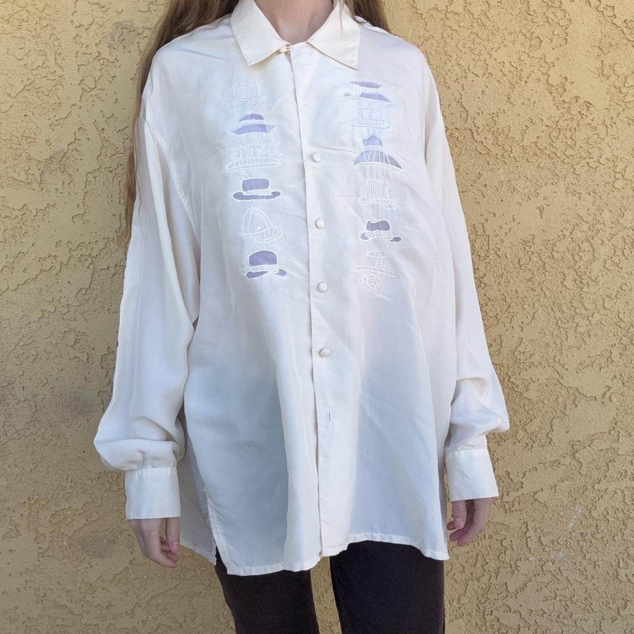 Carol Horn Vintage White Silk Blouse Embroidered Hat Design Size Large