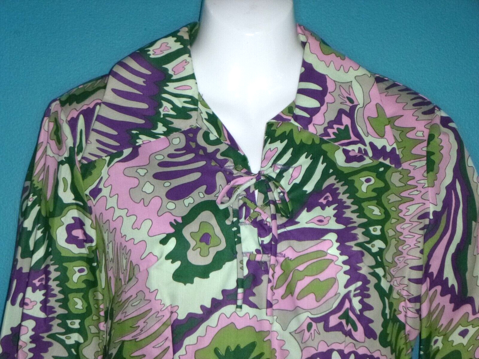 NWOT Vtg 70s Lasso Western Wear Lace Front Shirt Psychedelic Purple Green Sz M/L