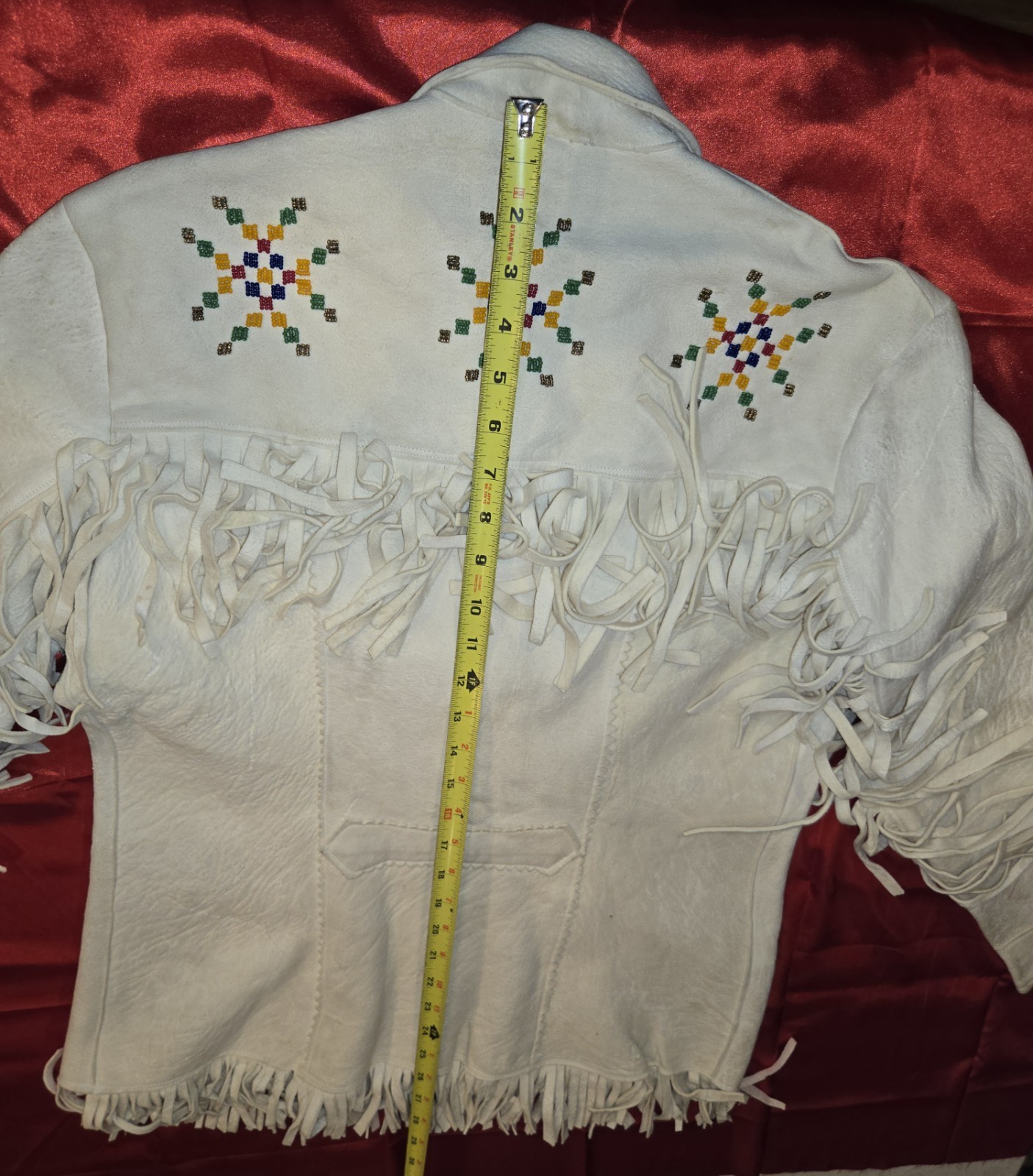 Handcrafted Vintage Native American White Elk Leather Fringed Jacket Womens S/M
