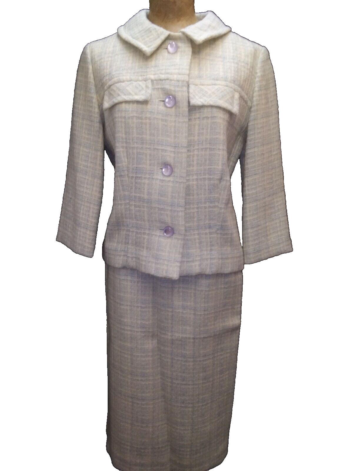Vintage 60’s White & Pale Green Wool Lined Skirt Suit-Krist of San Francisco S/M