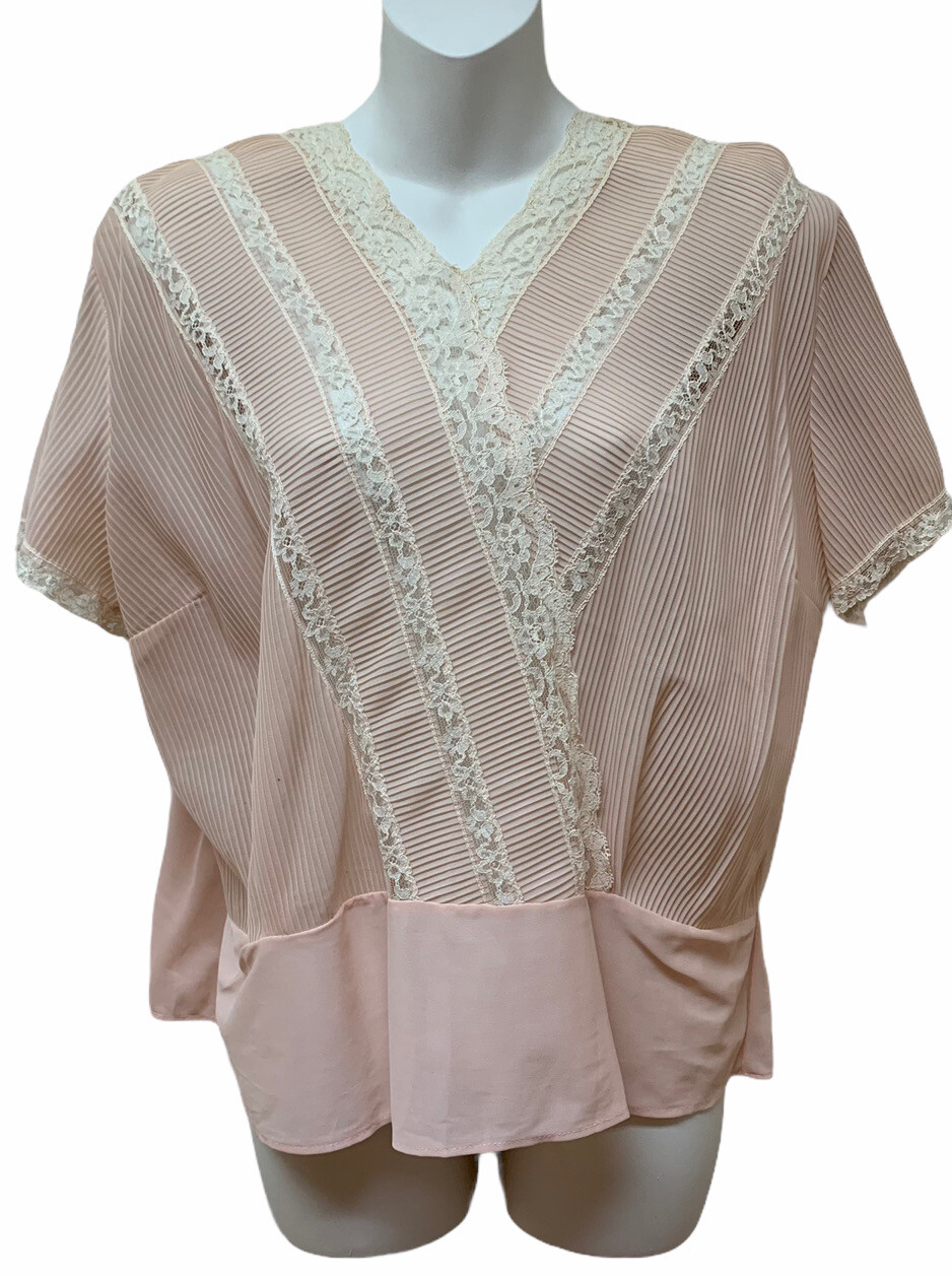 Vintage Short Sleeve Sheer Pin Tuck Pleated Lace Top Cottagecore Romantic
