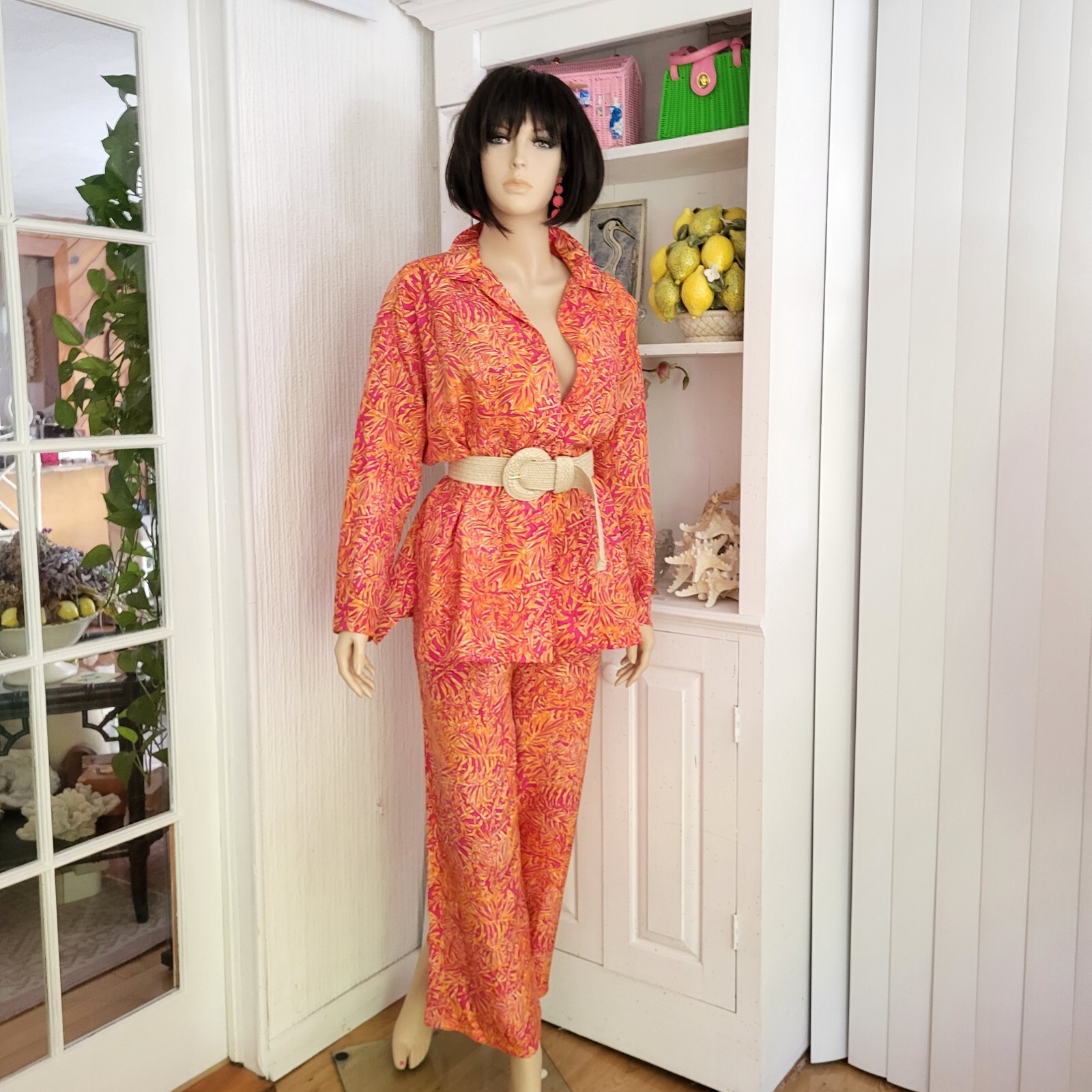 Vintage Lilly Pulitzer Silk 2 Peice Blouse and Pants Set White Label Size M/L