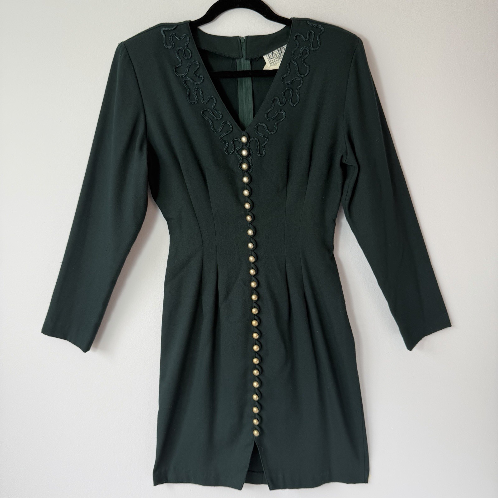 Vintage 1980s Blazer Dress Green Pearl Button Soutache Preppy La Belle 6/S USA