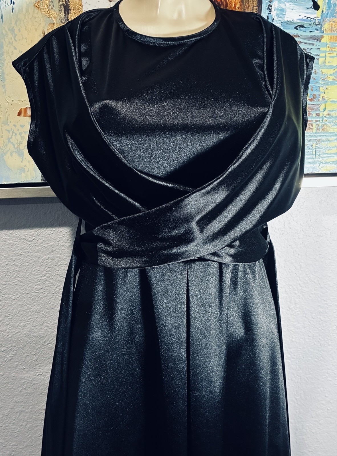 Vtg Black Shiny Spandex Wrap Front Long Dress S