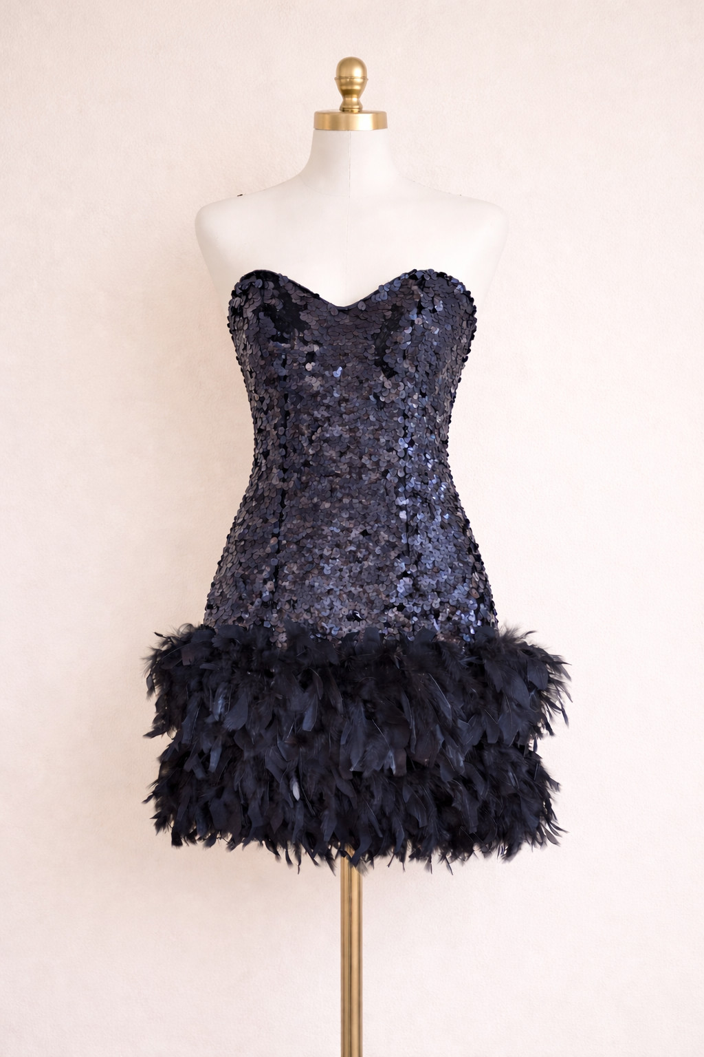 VTG 80s John Charles Strapless Sequin Feather Flapper Dress US 6 Gatsby