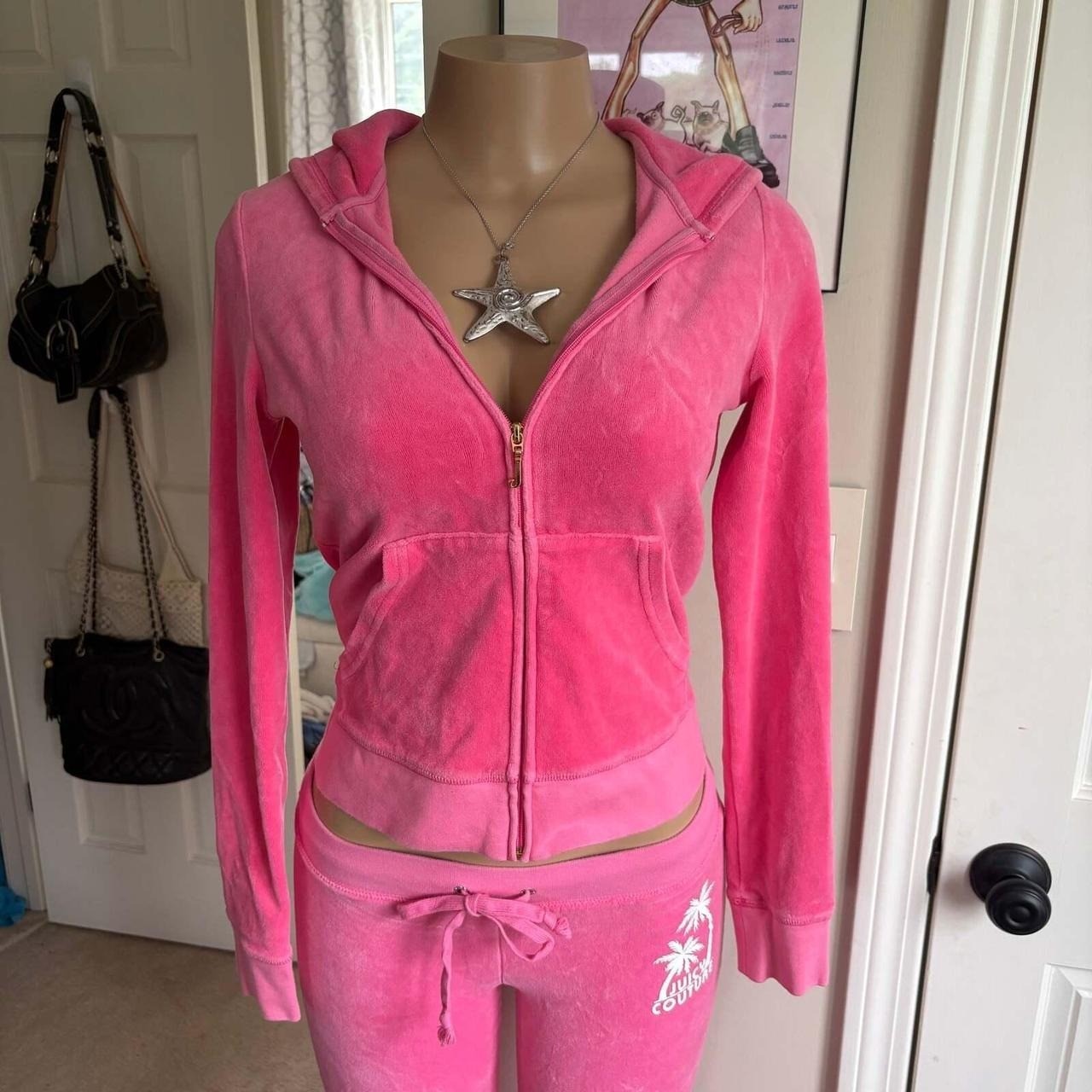 Vintage Juicy Couture Y2K Logo Hot Pink Velour Tracksuit Set 2-piece size S