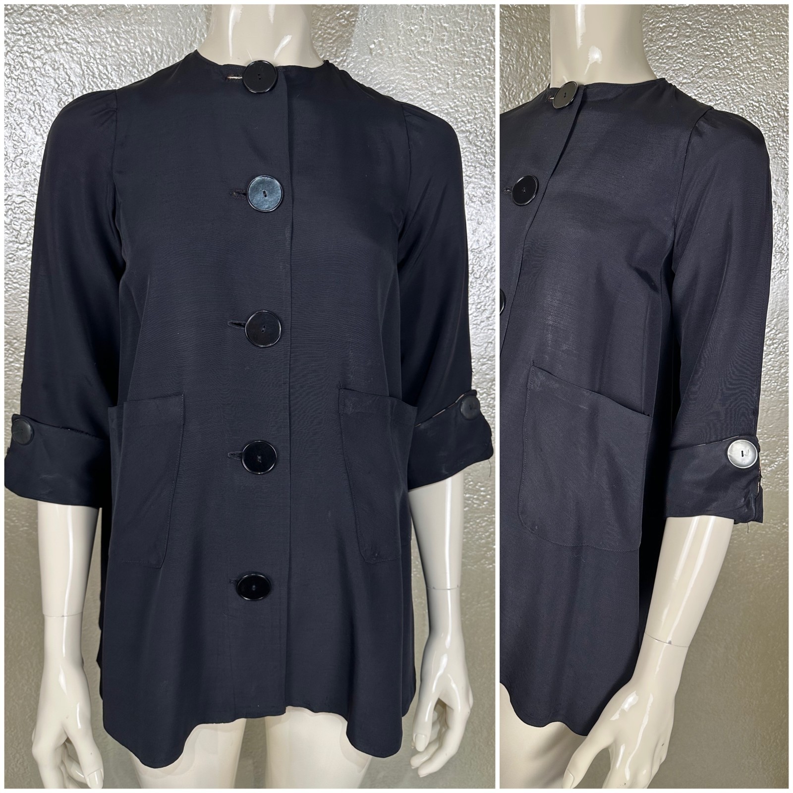 Vintage 1940’s Handmade Black Satin Rayon Jacket Lightweight ¾” Sleeve Petite