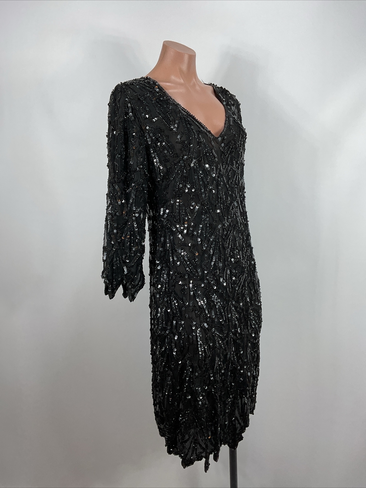 Vintage Linsiano Black Midi Dress Flapper Silk Sequin V Neck Fringe Hem sz S