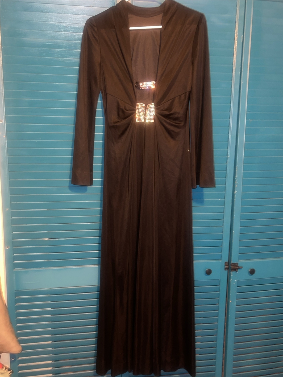 Vintage Eva Gabor Estevez Black Maxi Evening Gown Low Cut Back Rhinestones Sz