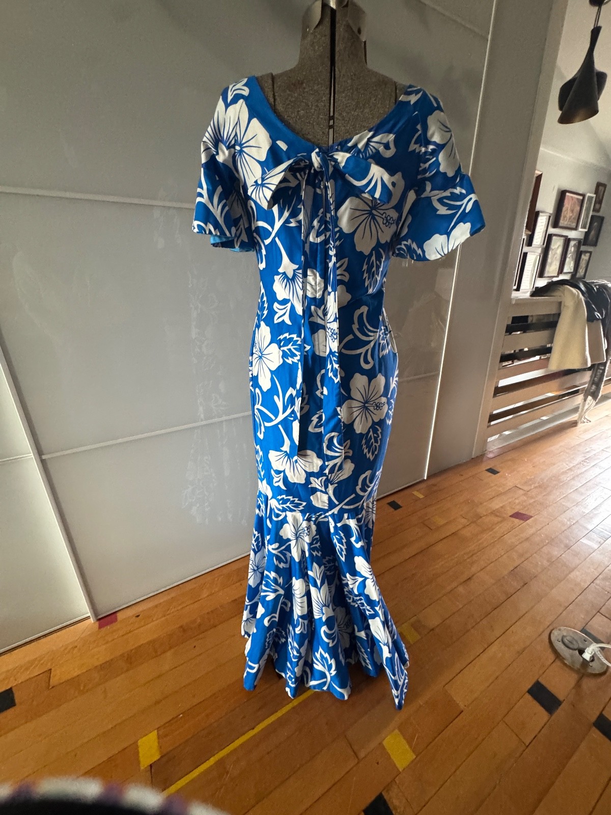 vintage Royal Hawaiian maxi mermaid flutter sleeves blue and white cotton dress