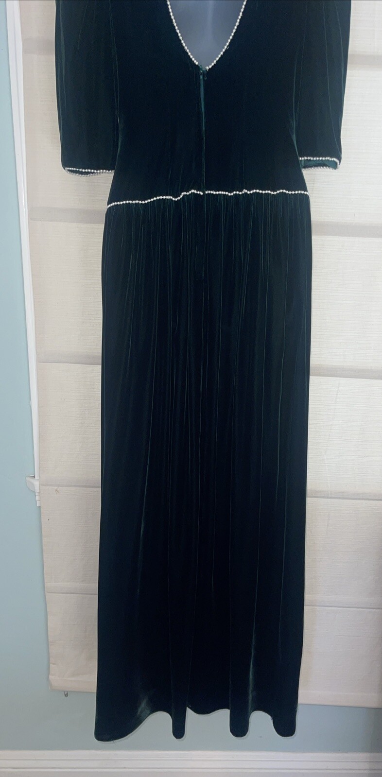 VTG Victorian Hunter Green Velvet Maxi Dress Custom Made For Wedding~Pearls~XS