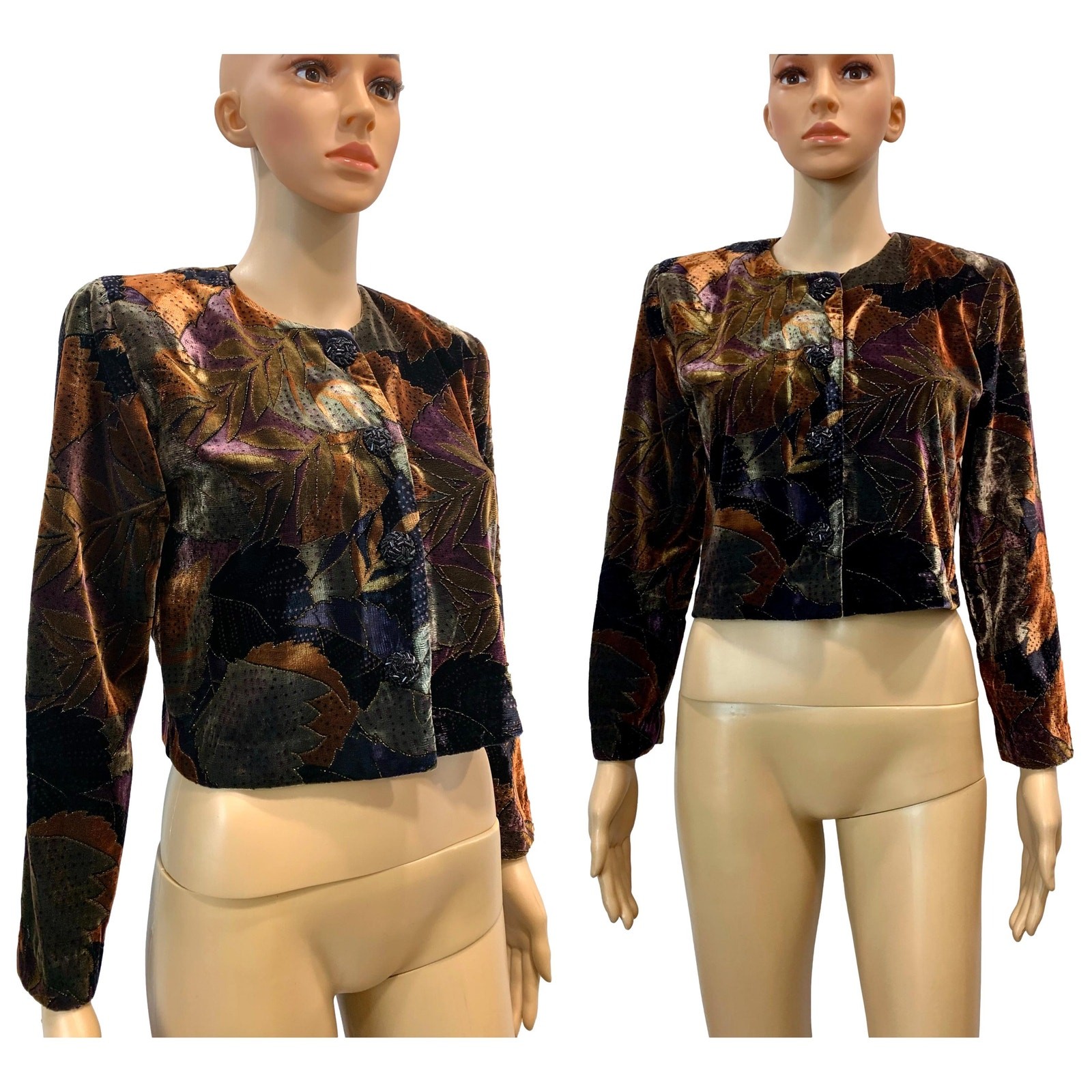Vintage 80s Painted Velvet Cropped Jacket Brown Purple Rust Petite 2