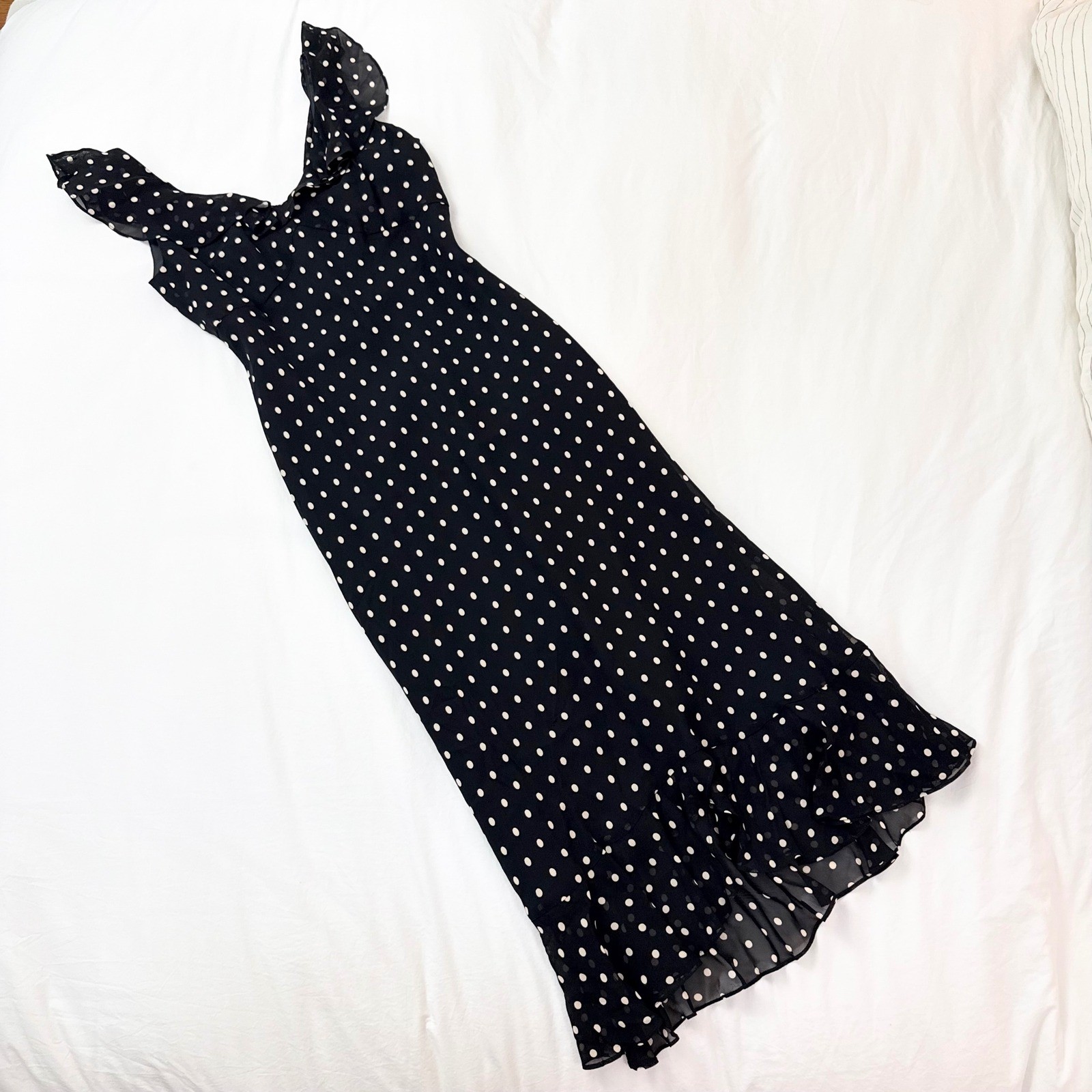 Vintage Evan-Picone Black Polka Dot Ruffle Midi Dress Size 4