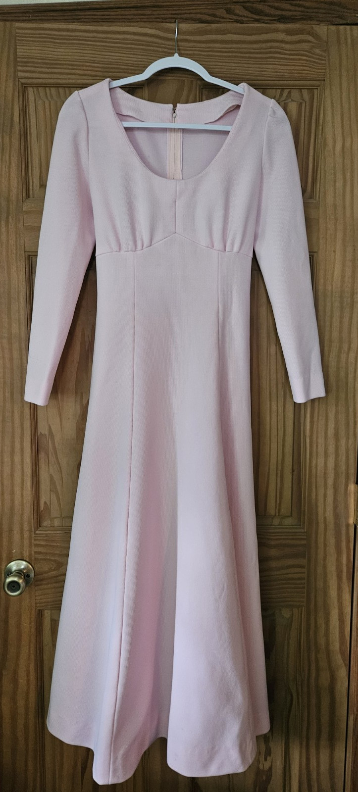 Vintage 70s Empire Waist Maxi Dress Boho Long Sleeve Pink White Pinstripe!