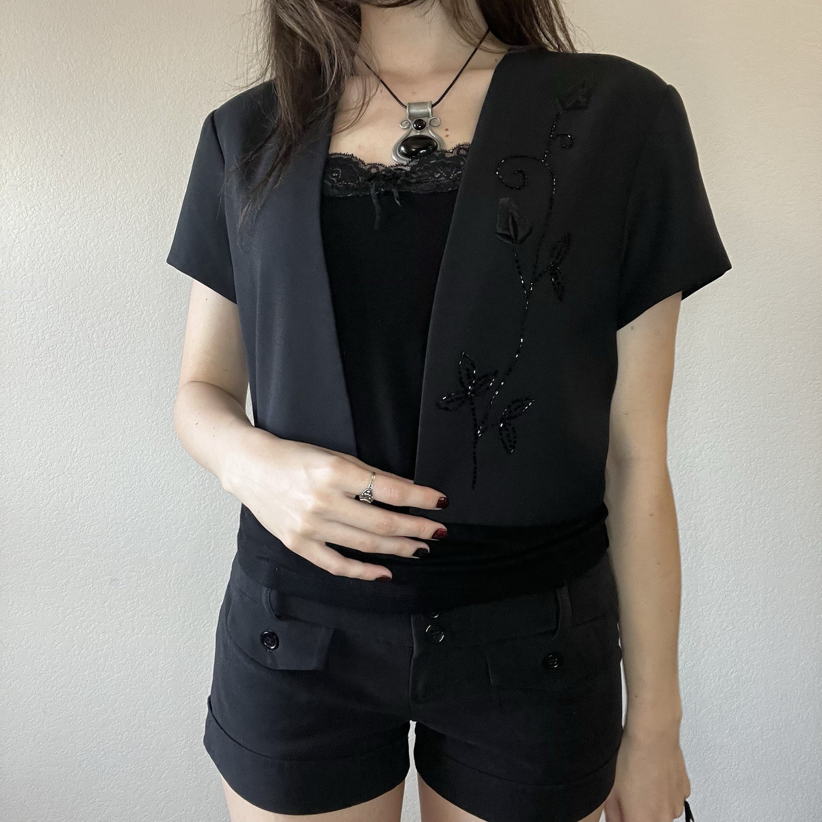 Women’s 90s Dark Fairy Black Floral Beaded Short Bolero J.R. Nites Size 12