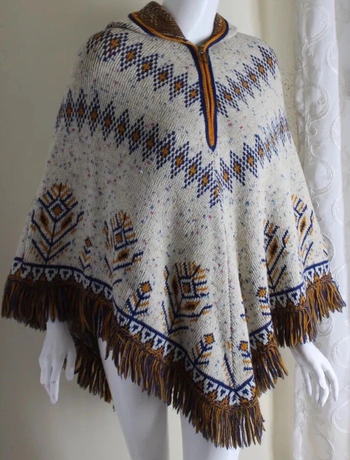 VTG Boho Thick Wool Knit Fringe 70s Hippie Art-Wear Poncho Sweater OS S M L XL