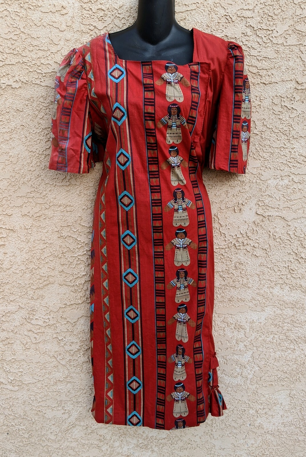 Vintage Novelty Print Dress Red Southwest Native American RARE Western Handmade